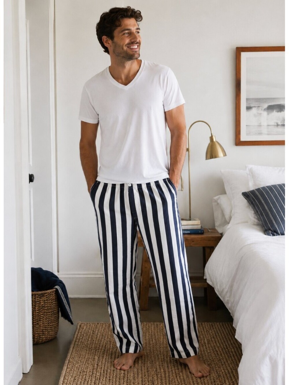Sleepy Jones Navy White Stripe Pajama Pants 100% Cotton Men's Medium